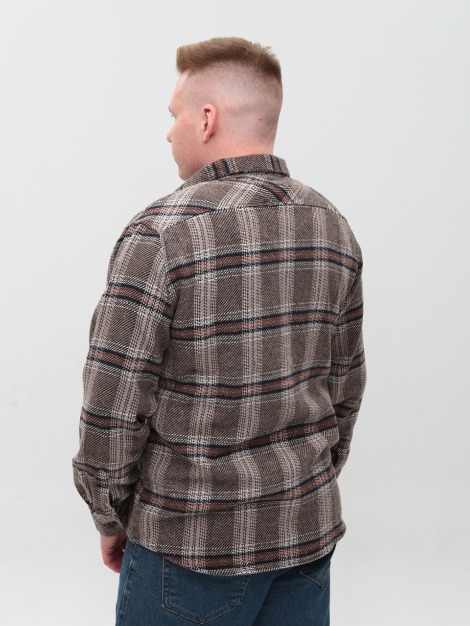 Рубашка мужская коричневая с бежевым байковая в клетку  1712