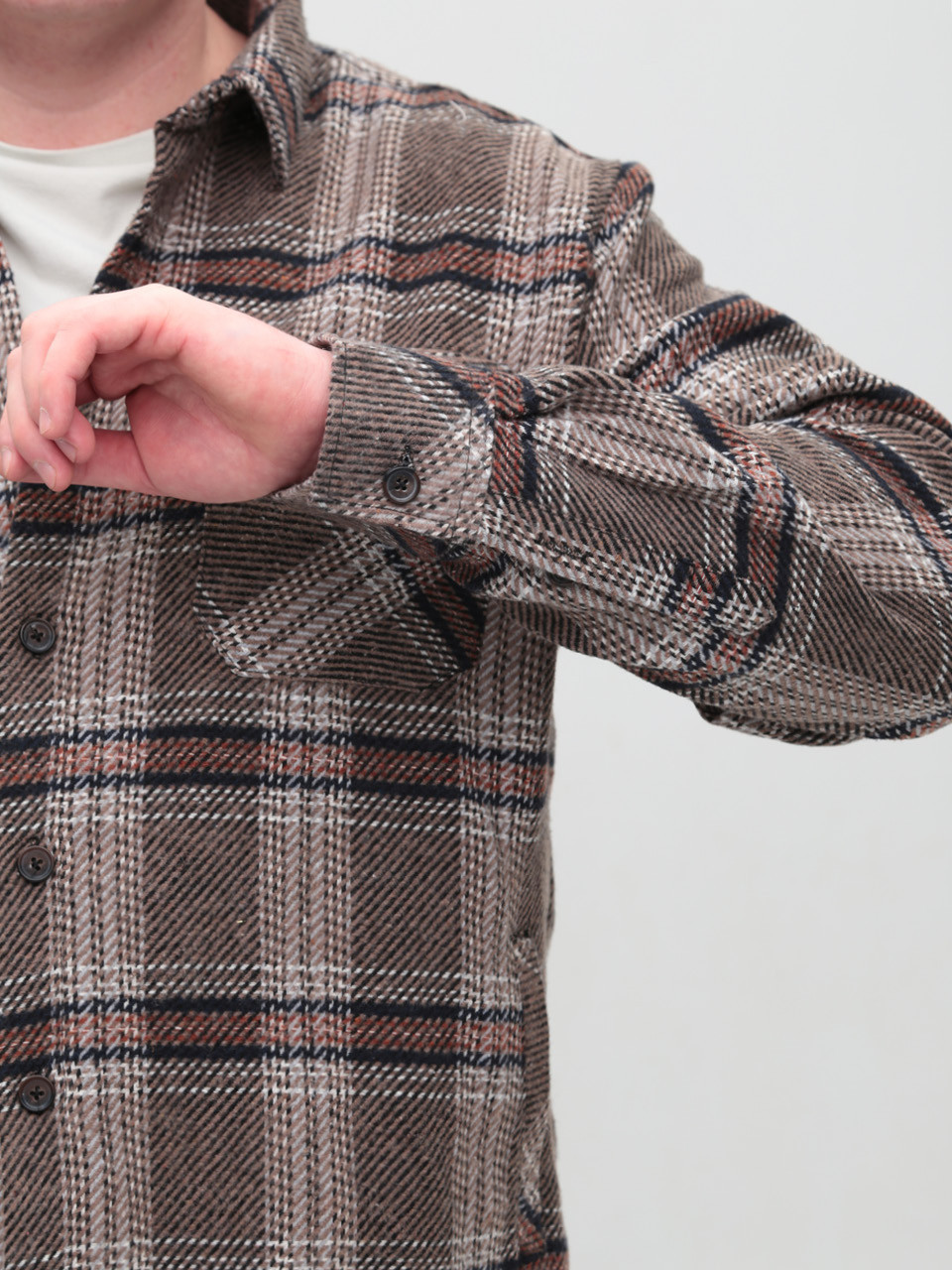 Рубашка мужская коричневая с бежевым байковая в клетку  1712