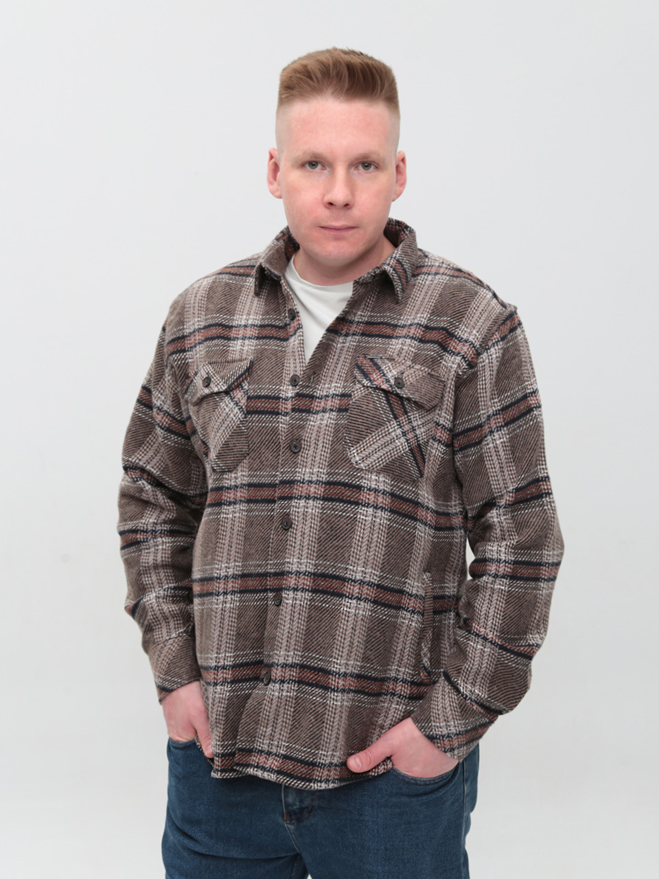 Рубашка мужская коричневая с бежевым байковая в клетку  1712