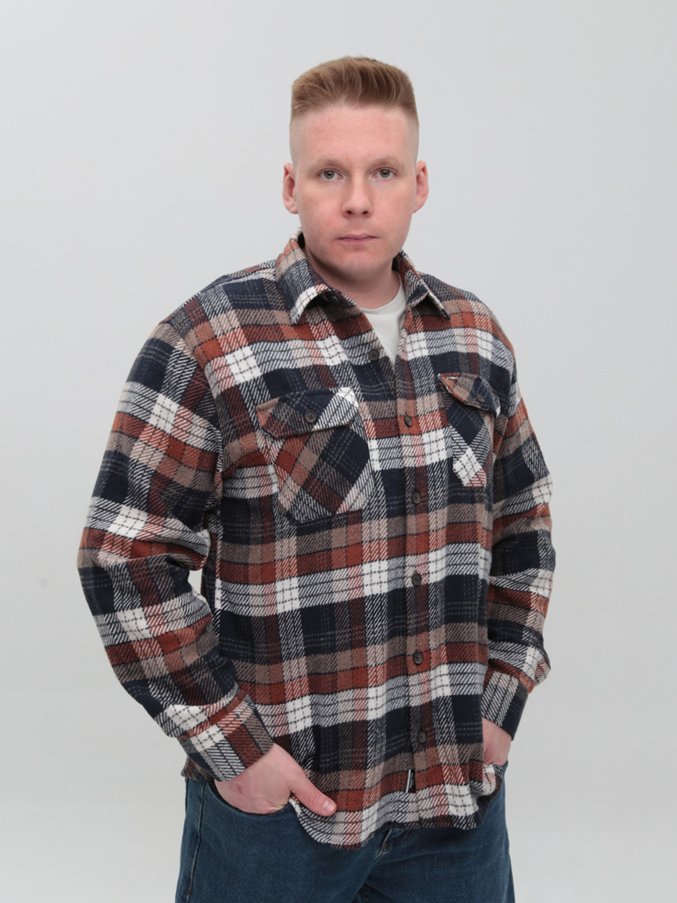 Сорочка чоловіча коричнева з синім тепла в клітку 9617-2