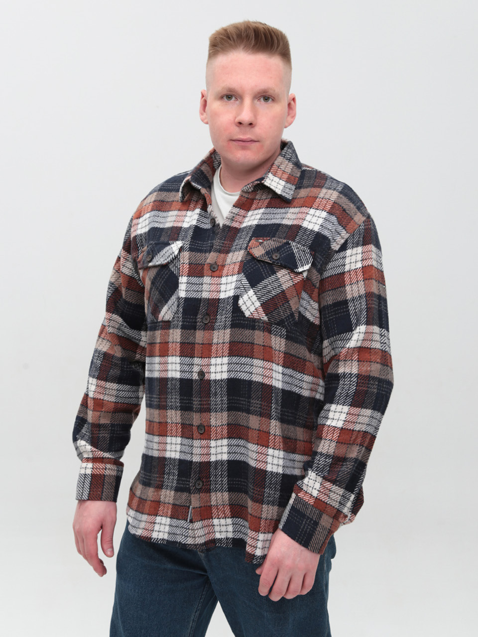 Сорочка чоловіча коричнева з синім тепла в клітку 9617-2