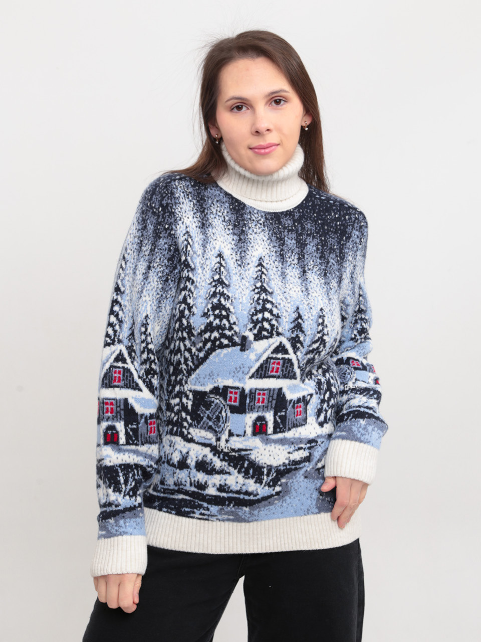 Светр жіночий зимовий білий вовняний із зимовим принтом 230-561-2