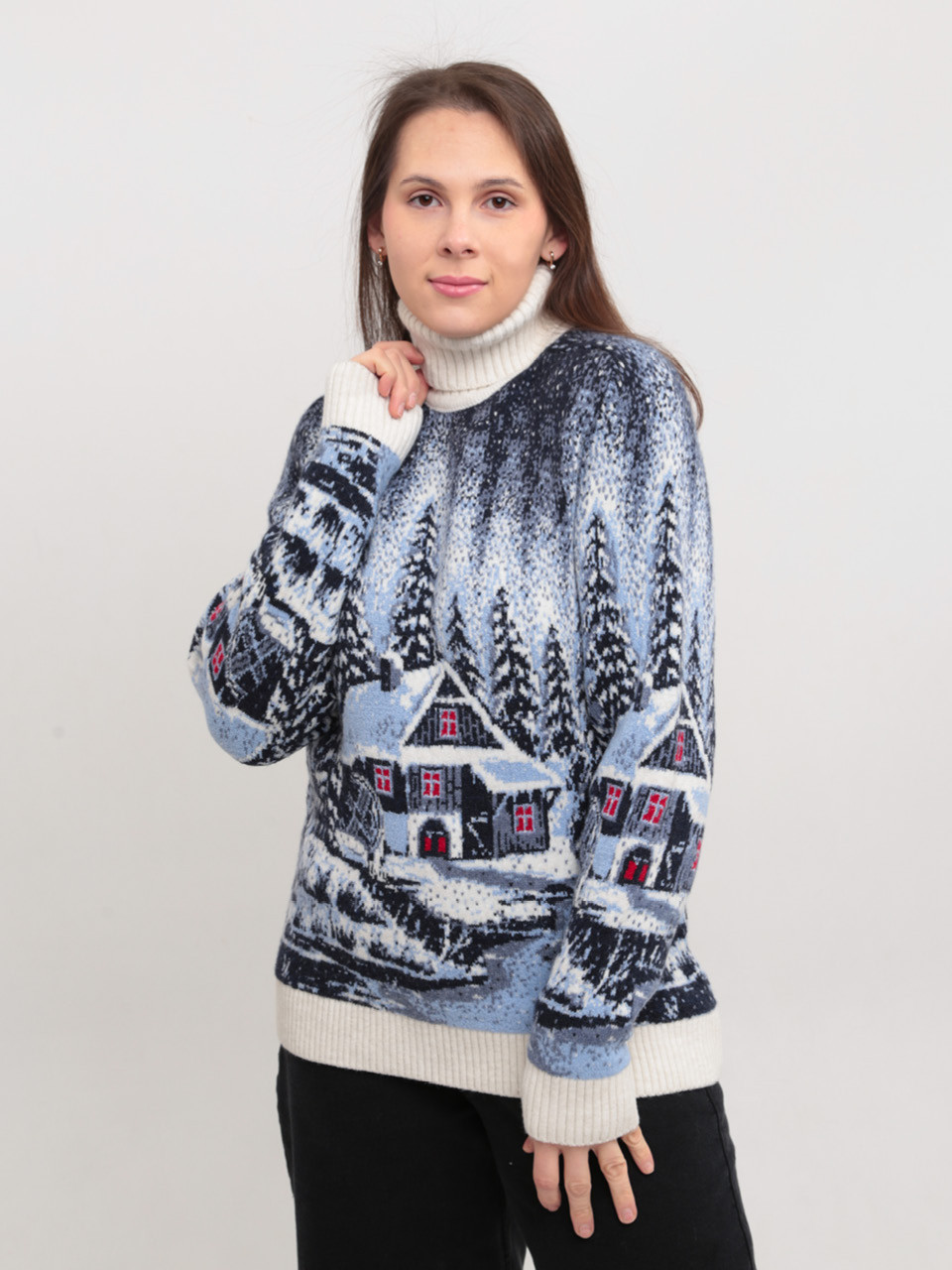 Светр жіночий зимовий білий вовняний із зимовим принтом 230-561-2