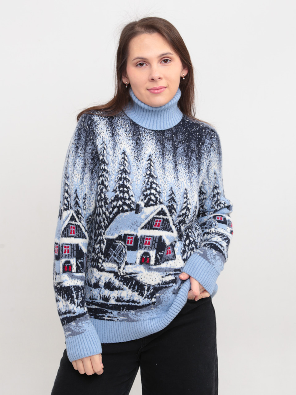 Светр жіночий зимовий блакитний вовняний із зимовим принтом 230-561-5