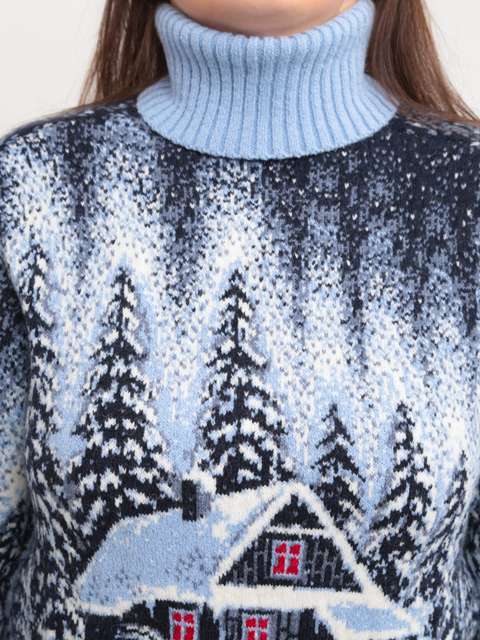 Светр жіночий зимовий блакитний вовняний із зимовим принтом 230-561-5