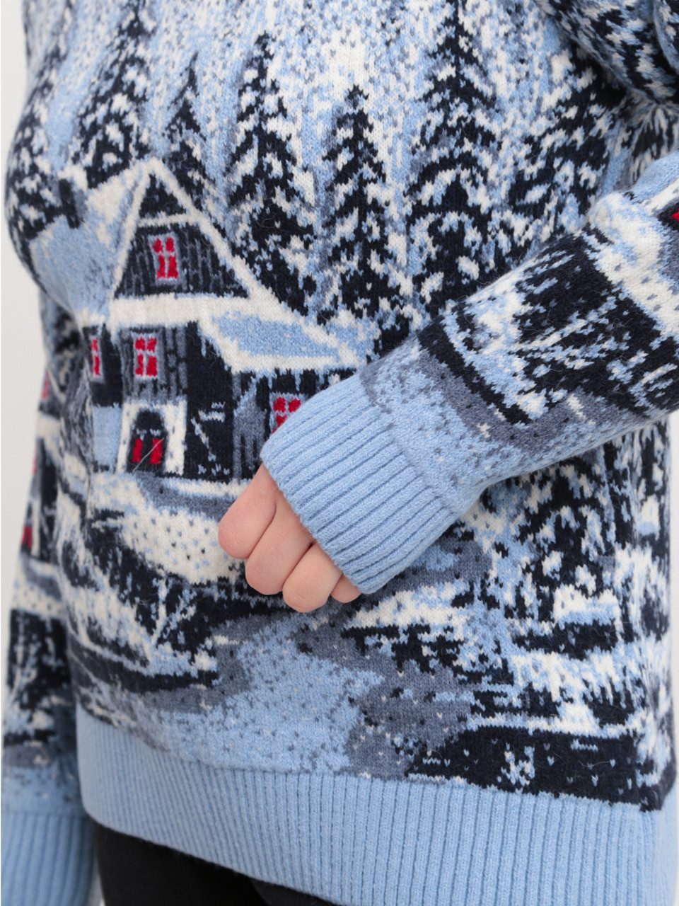 Светр жіночий зимовий блакитний вовняний із зимовим принтом 230-561-5