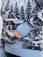 Светр жіночий зимовий блакитний вовняний із зимовим принтом 230-561-5