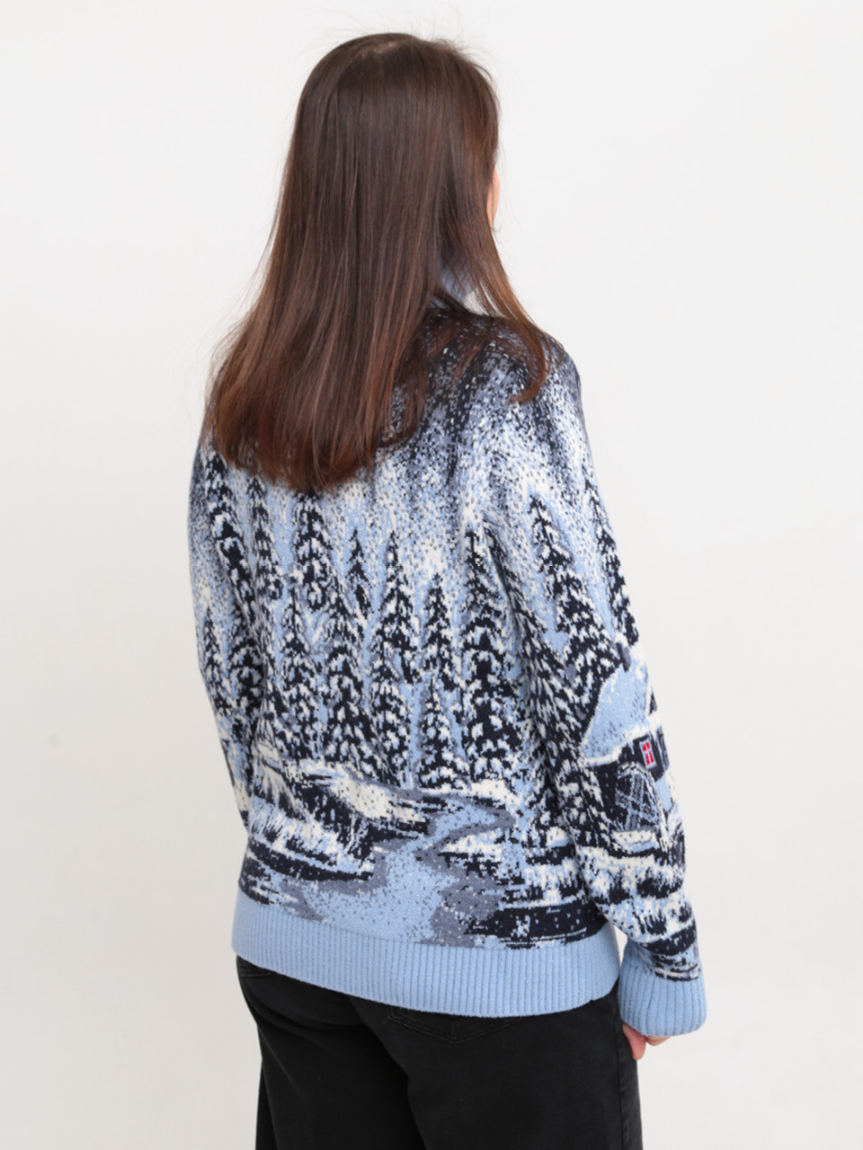 Светр жіночий зимовий блакитний вовняний із зимовим принтом 230-561-5