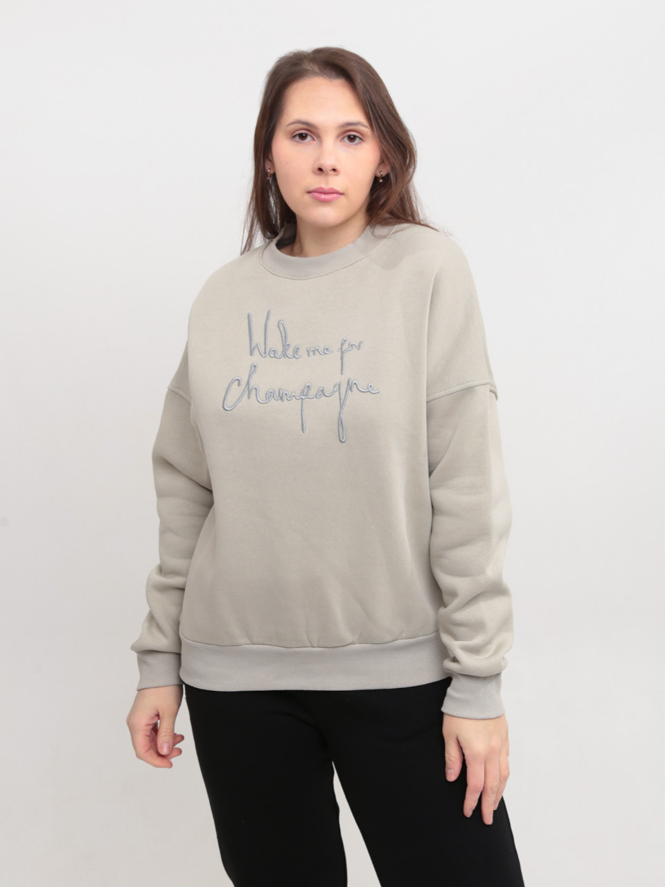 Світшот жіночий оливковий широкий на флісі 614328-1-T