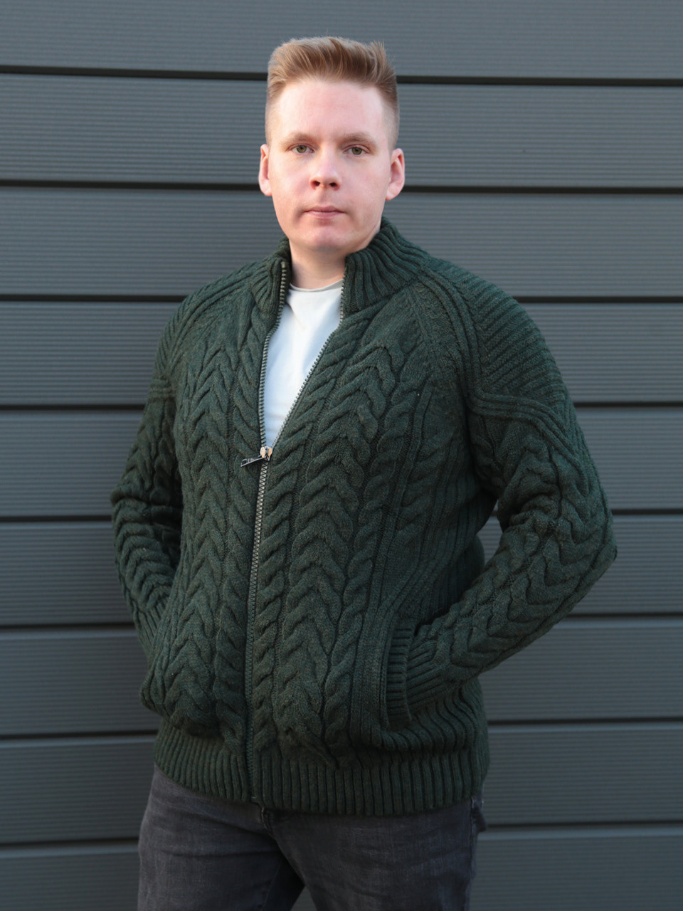 Светр чоловічий зелений вовняний на блискавці 230-321-4