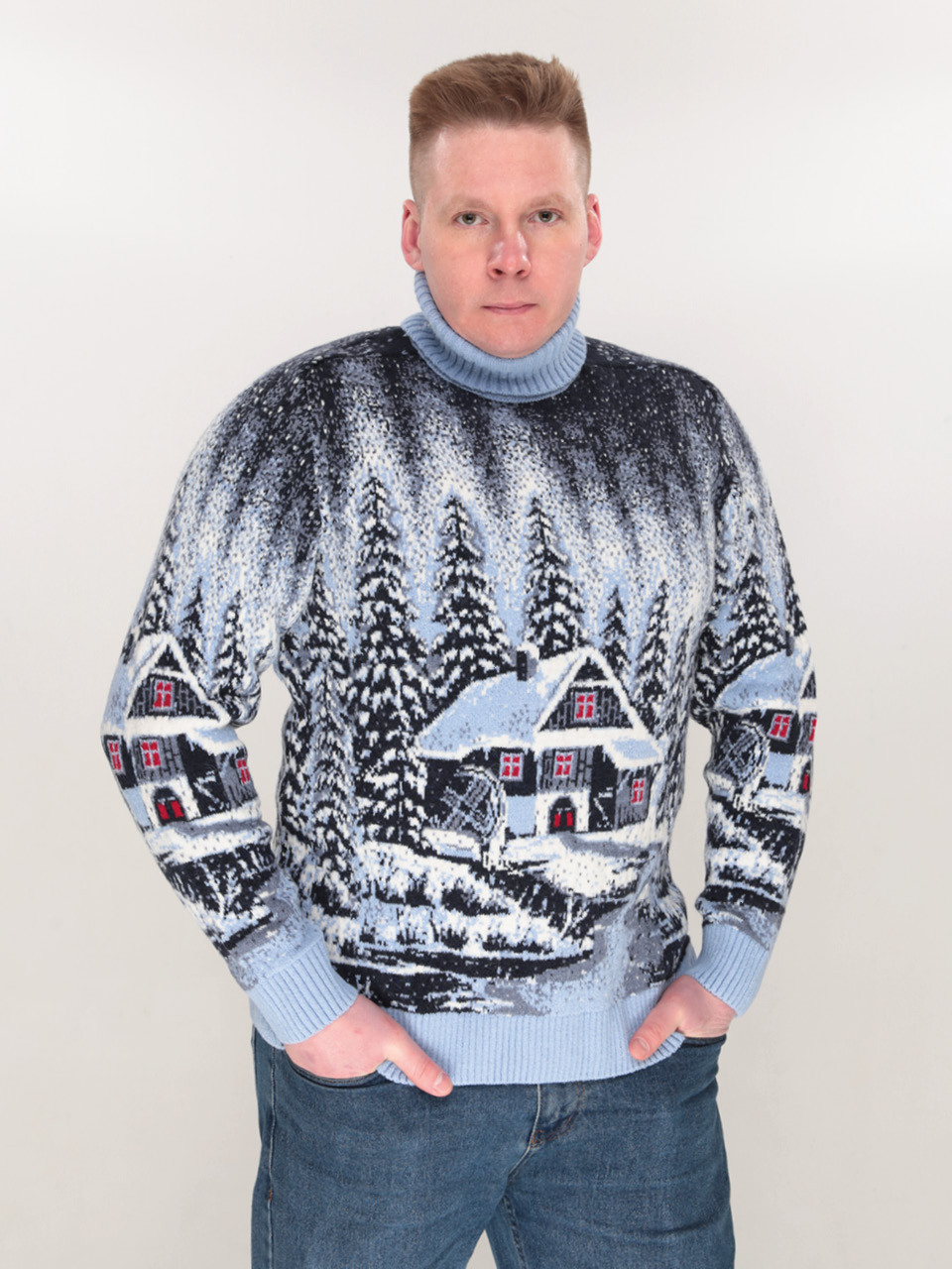 Светр чоловічий зимовий з будиночками блакитний 230-561-5