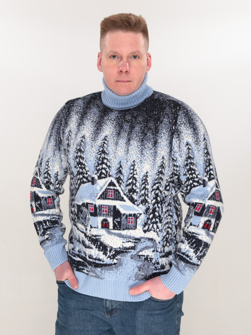 Светр чоловічий зимовий з будиночками блакитний 230-561-5