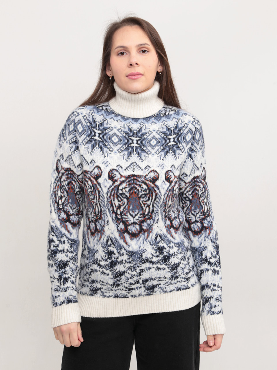 Свитер женский зимний шерстяной с тиграми белый 230-1-509-2
