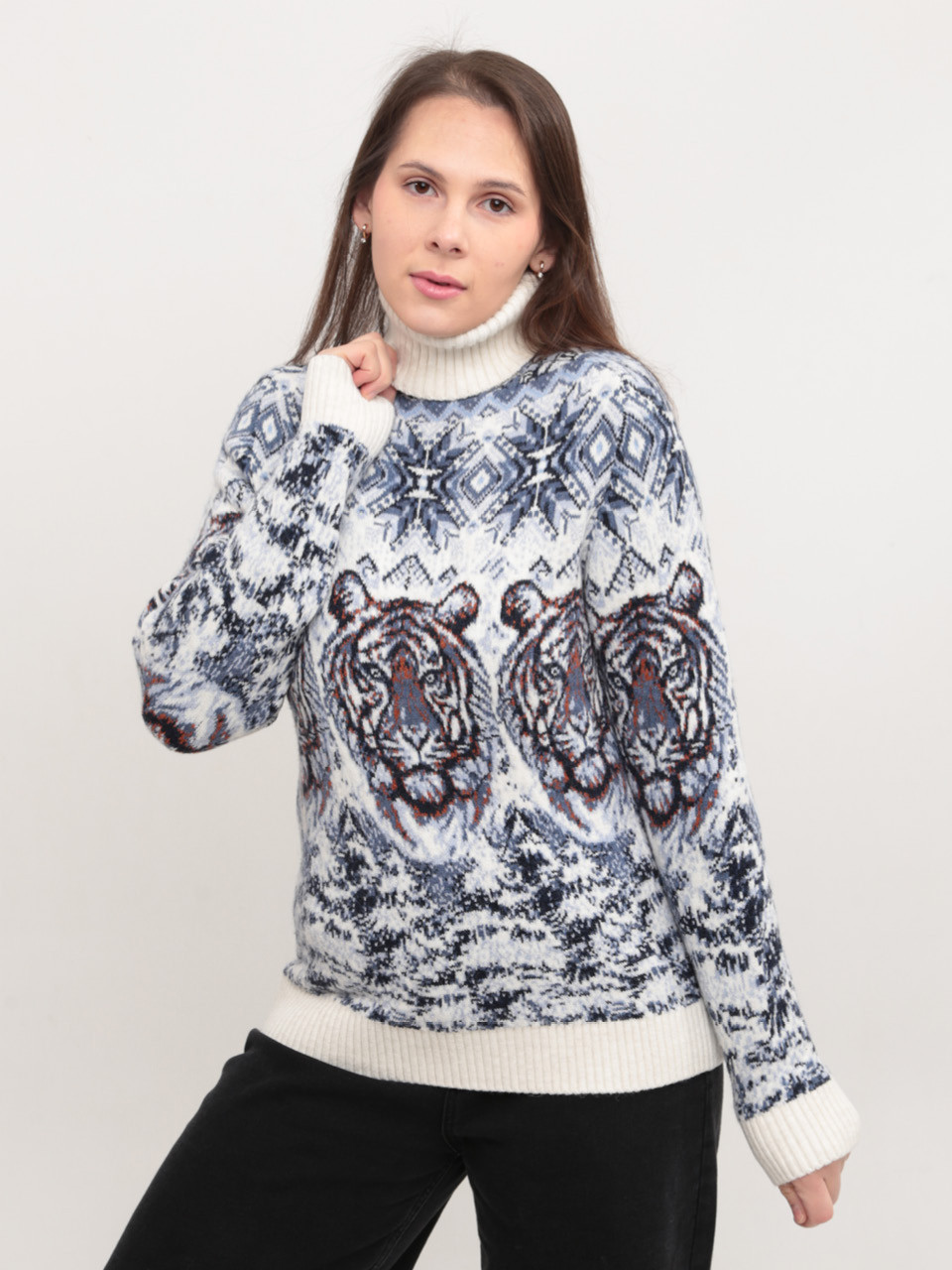 Свитер женский зимний шерстяной с тиграми белый 230-1-509-2