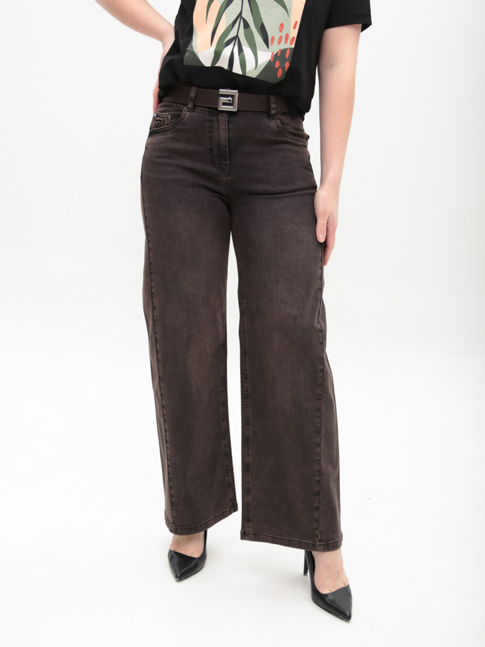 Джинси жіночі коричневі палаццо зі стрейчем великі розміри 7976-B-5