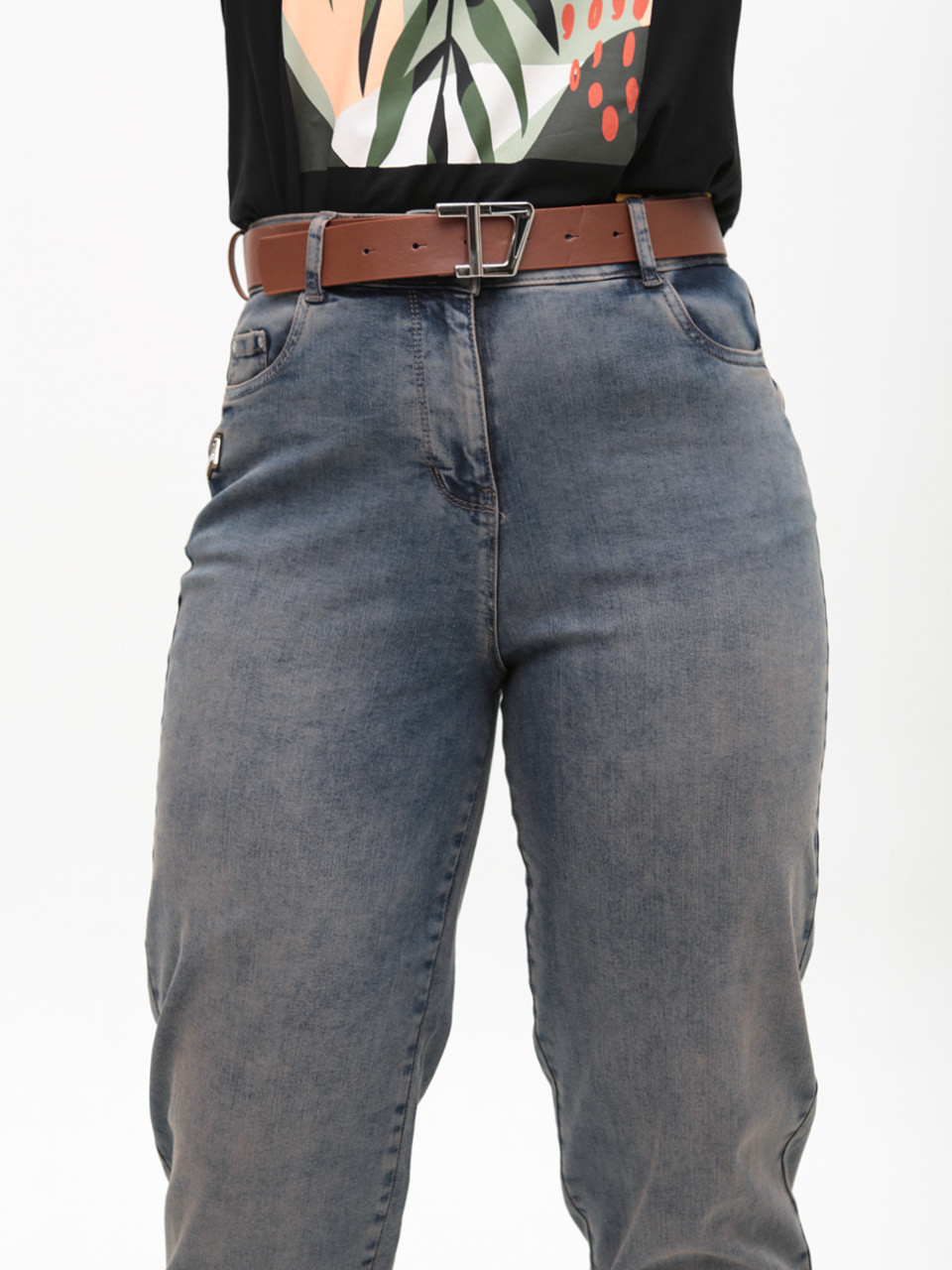 Джинсы женские сине-коричневые МОМ со стрейчем 7961-4