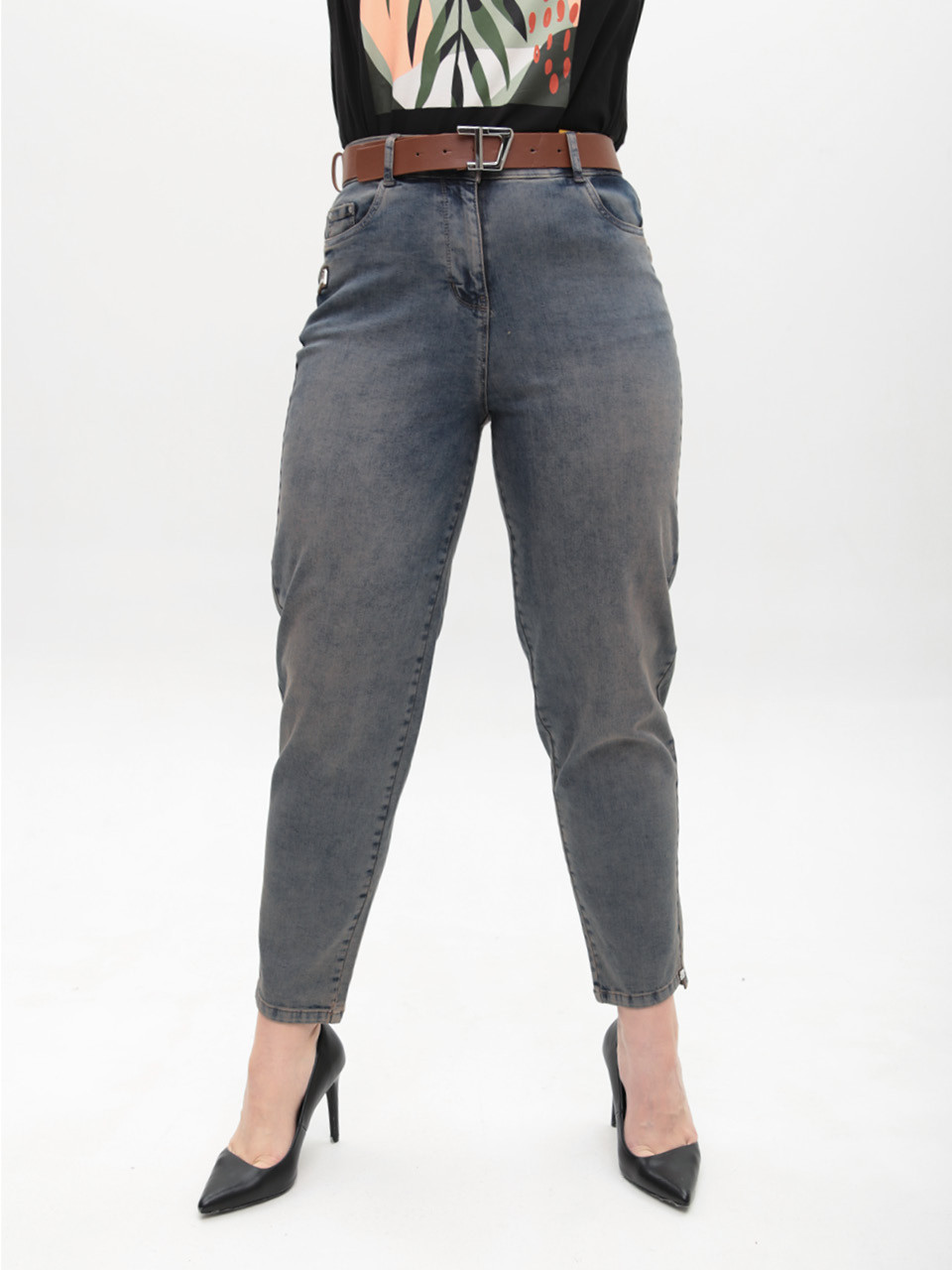 Джинсы женские сине-коричневые МОМ со стрейчем большие размеры 7962-B-4