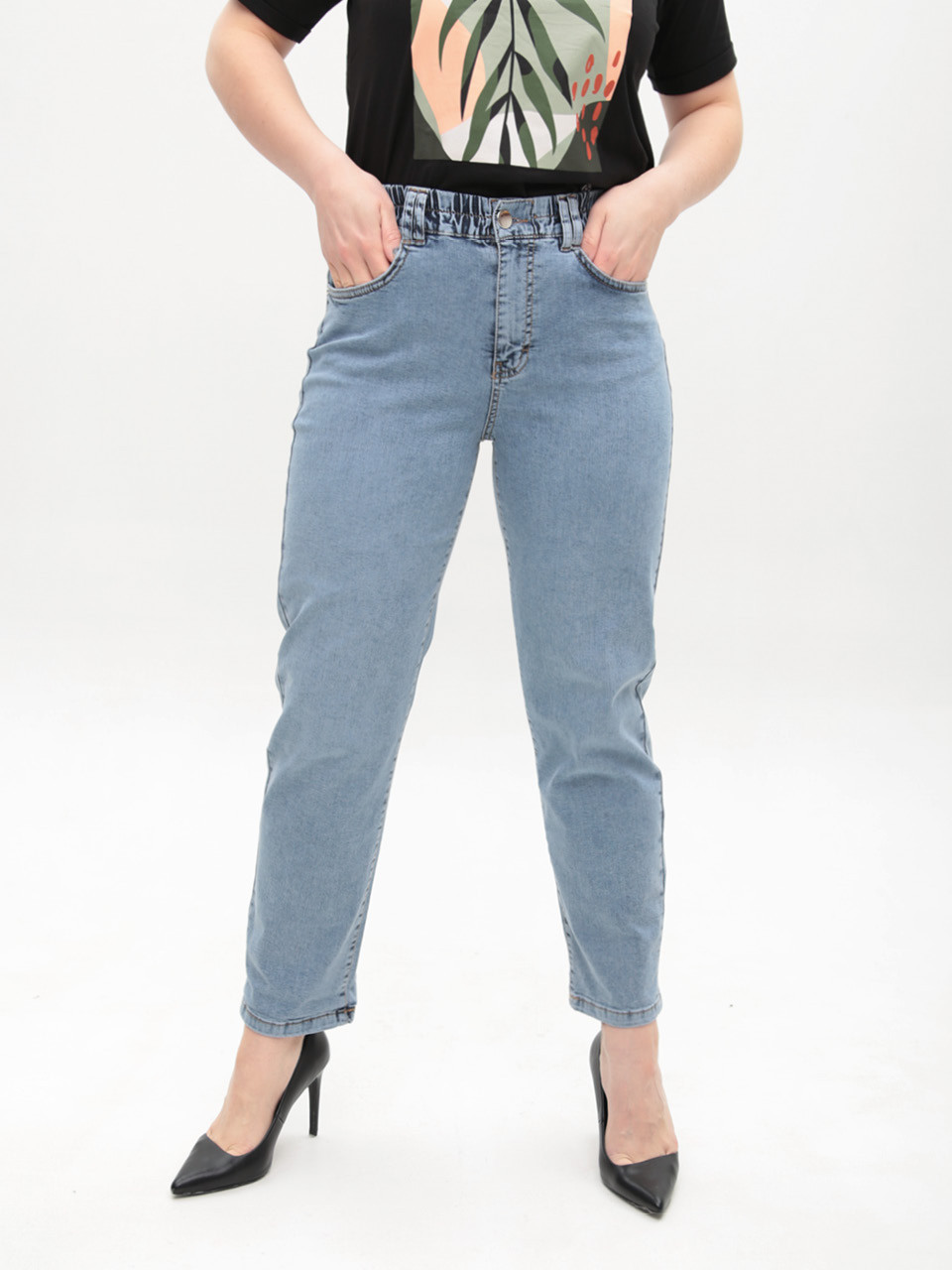 Джинси жіночі блакитні МОМ із гумкою на поясі 2430-0