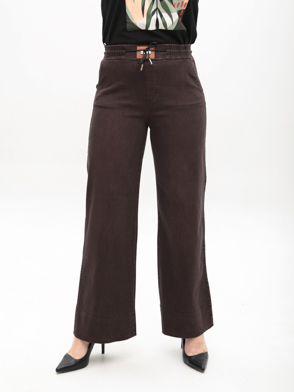 Джинси жіночі коричневі палацце тонкі з гумкою на поясі 2421-5