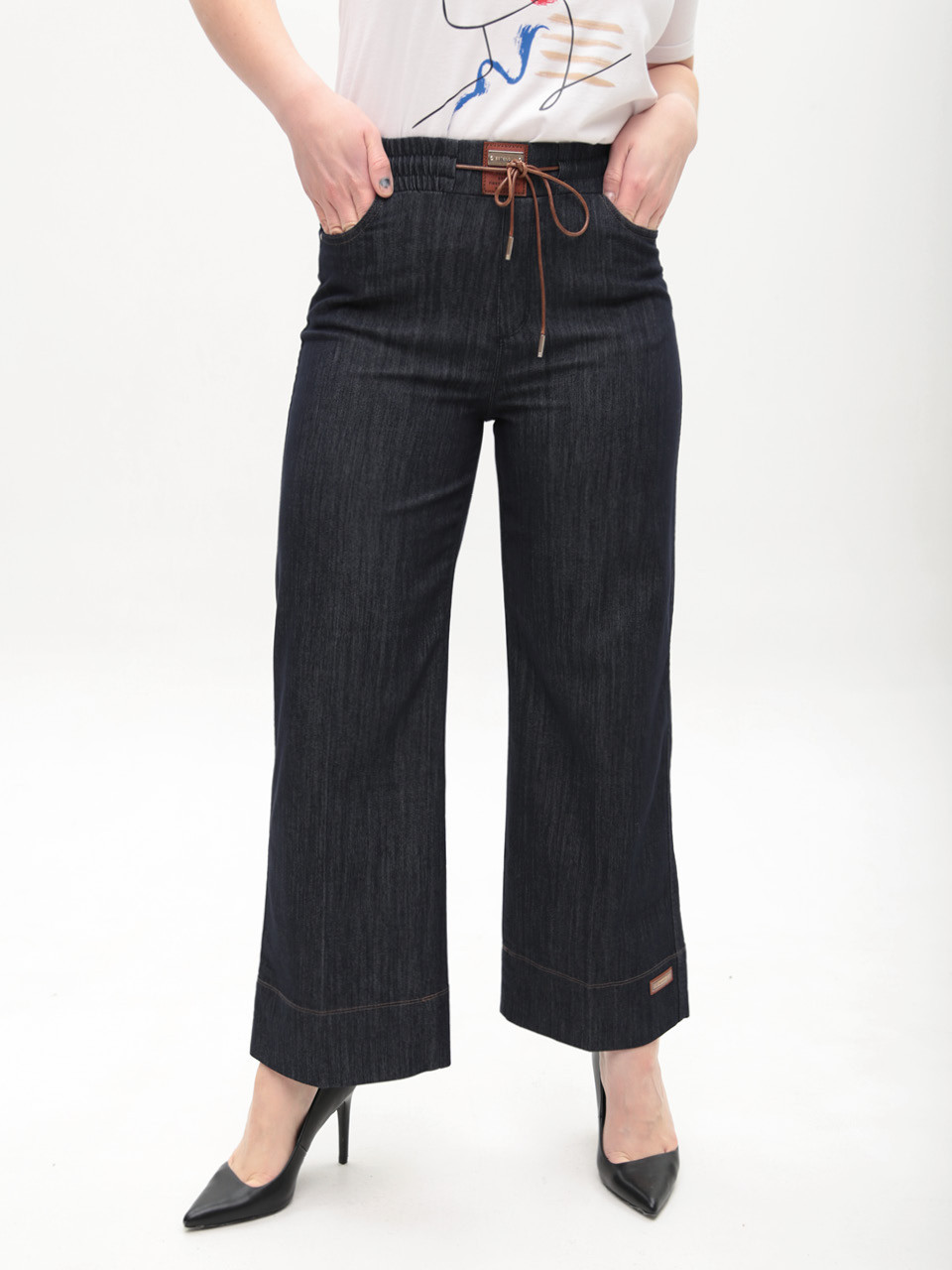 Джинсы женские темно-синие палаццо тонкие с резинкой на поясе 1781-1