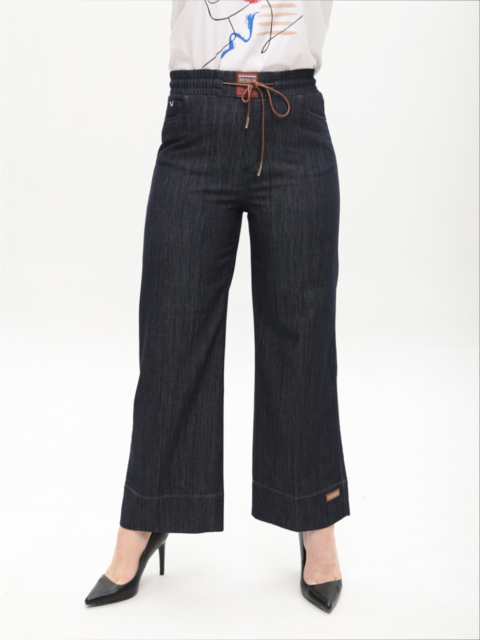 Джинсы женские темно-синие палаццо тонкие с резинкой на поясе большие размеры 1781-B-1