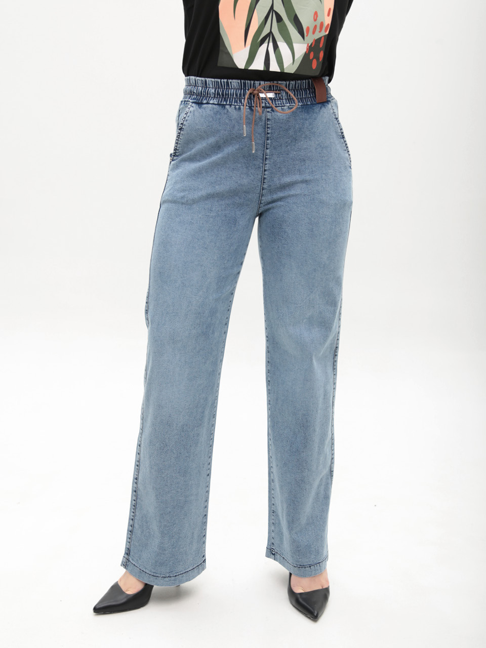 Джинси жіночі блакитні палацце тонкі з гумкою на поясі великі розміри 2426-B-0