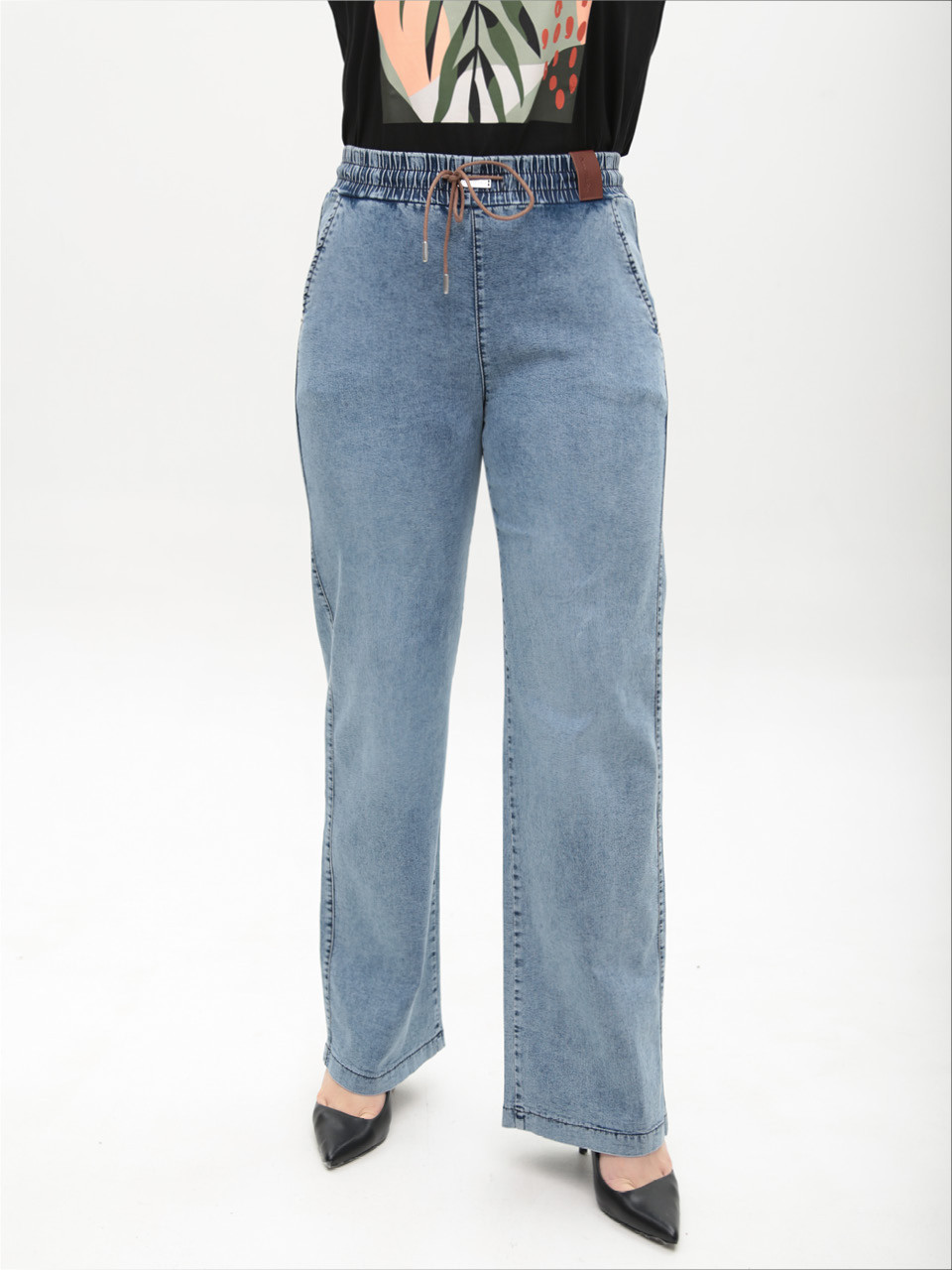 Джинси жіночі блакитні палацце тонкі з гумкою на поясі великі розміри 2426-B-0