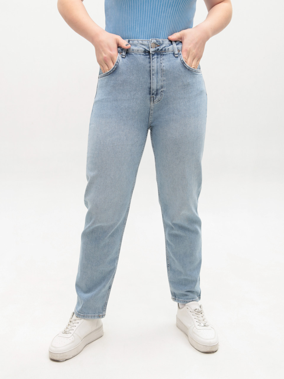 Джинсы женские прямые МОМ голубые большие размеры 1597-B-6