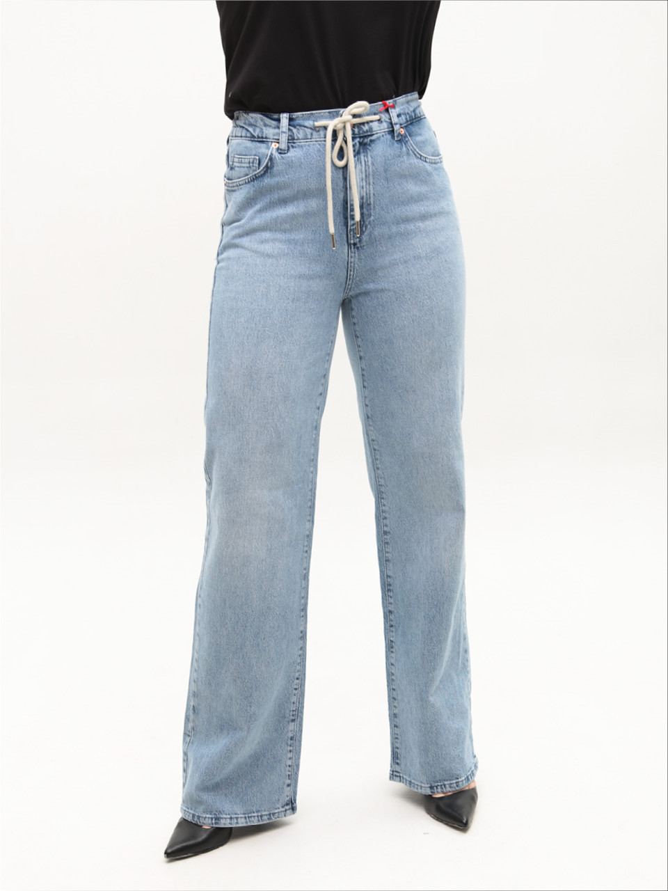 Джинсы женские голубые широкие с резинкой на поясе большие размеры 3338-B-010