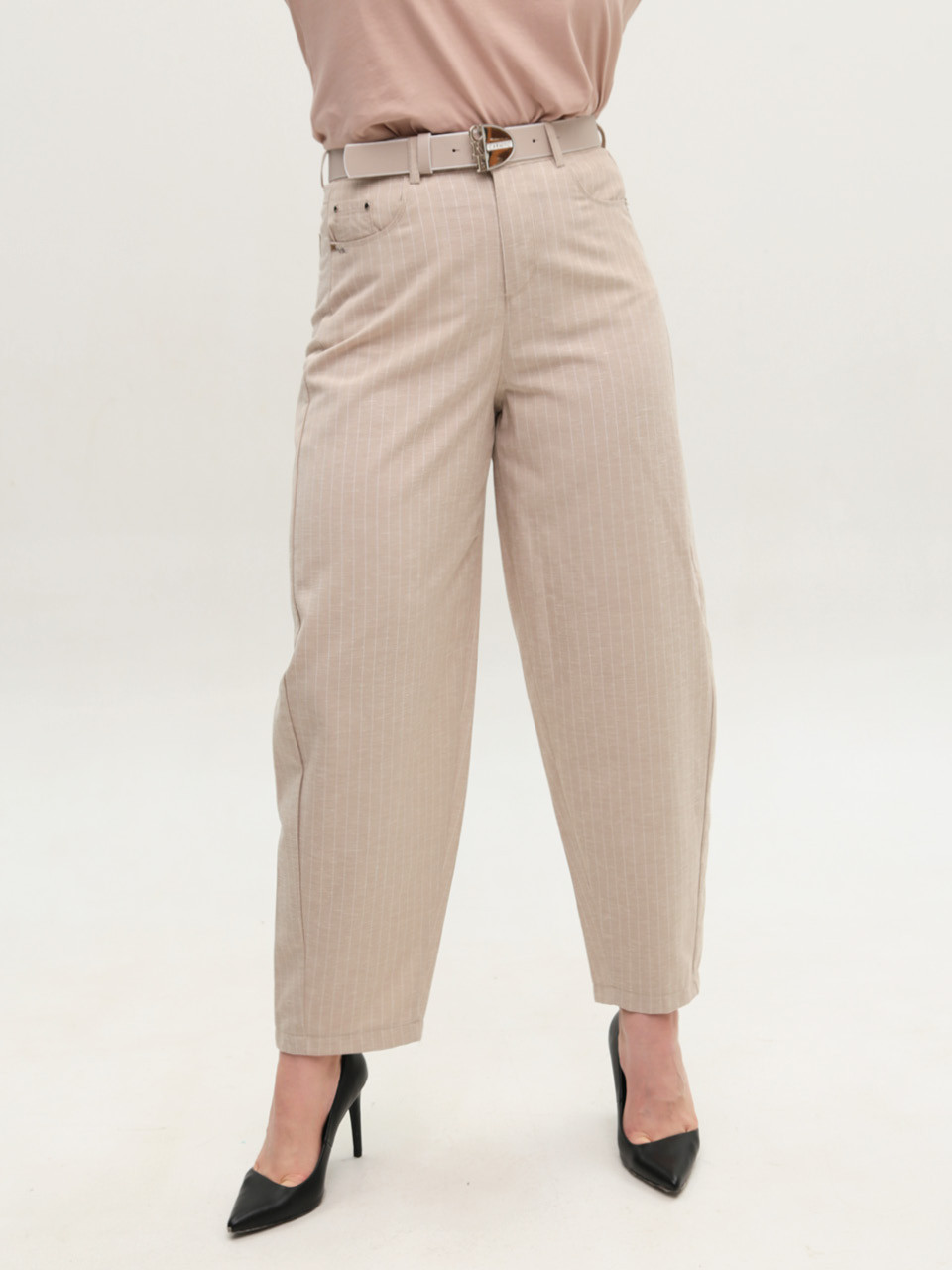 Брюки женские бежевые в полоску багги тонкие 20750-B-3