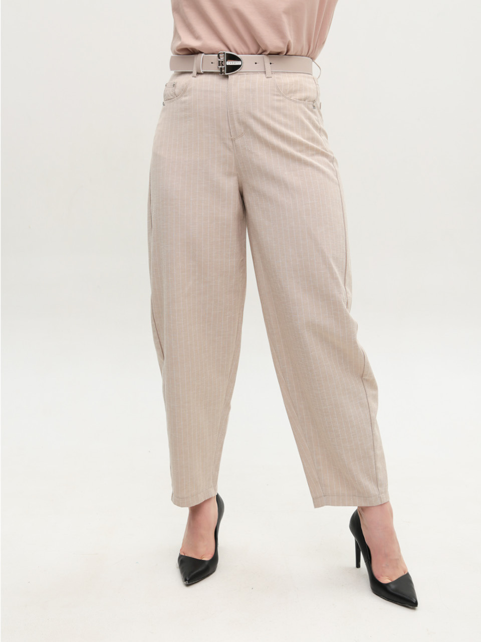 Брюки женские бежевые в полоску багги тонкие 20750-B-3
