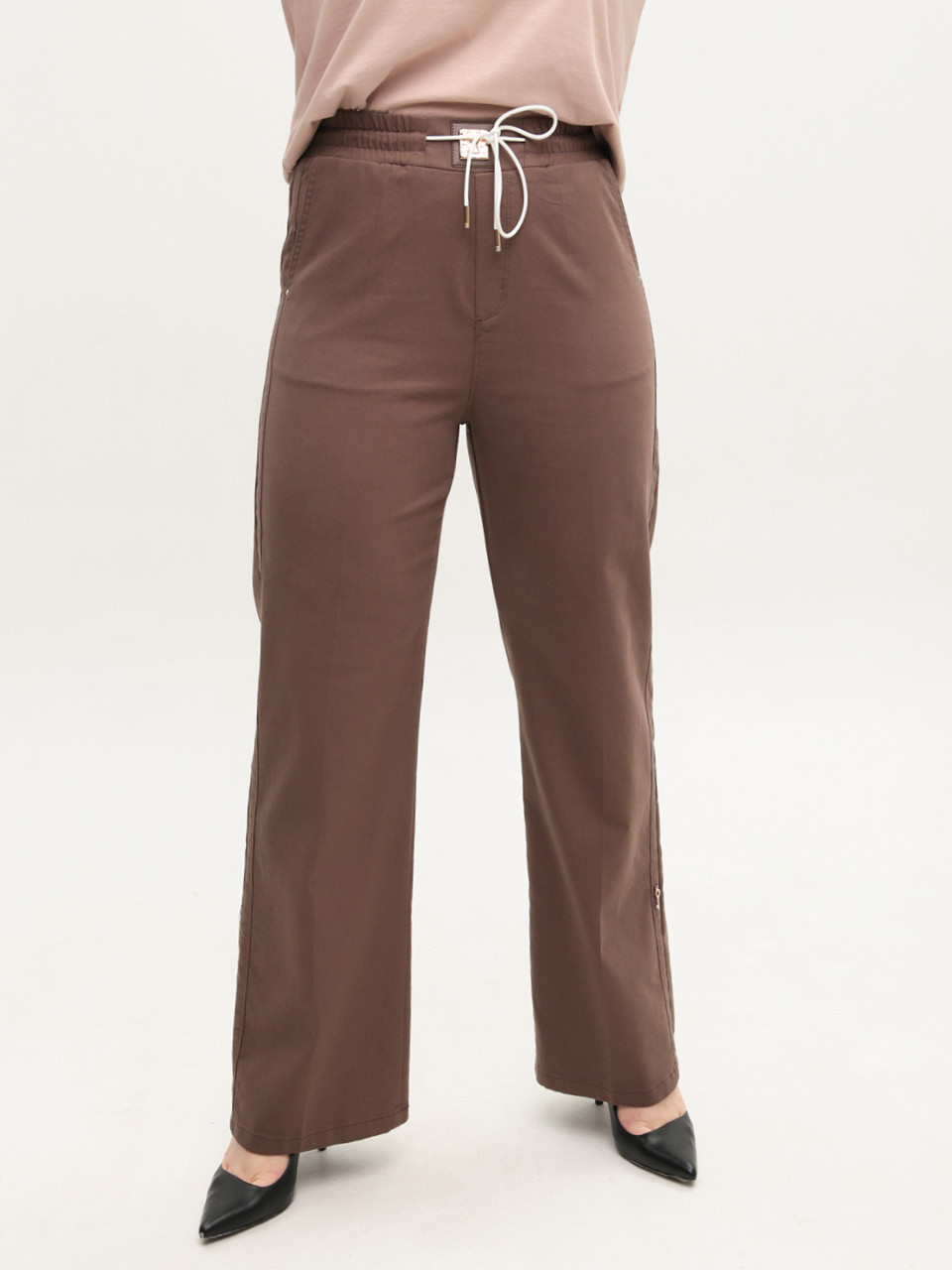 Брюки женские коричневые широкие тонкие с резинкой большие 1812-B-5