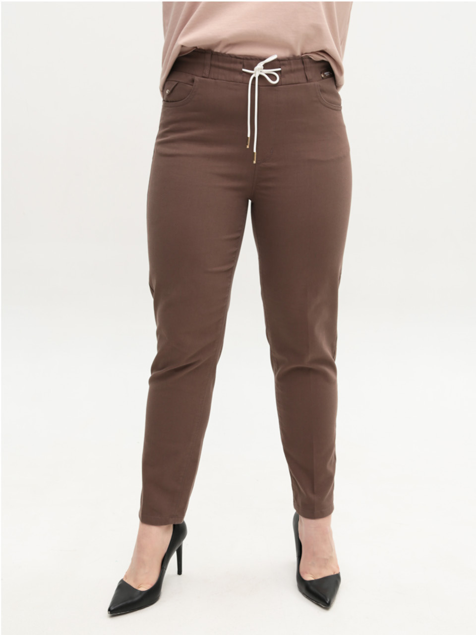 Брюки женские коричневые слим МОМ на резинке в больших размерах 1808-B-5