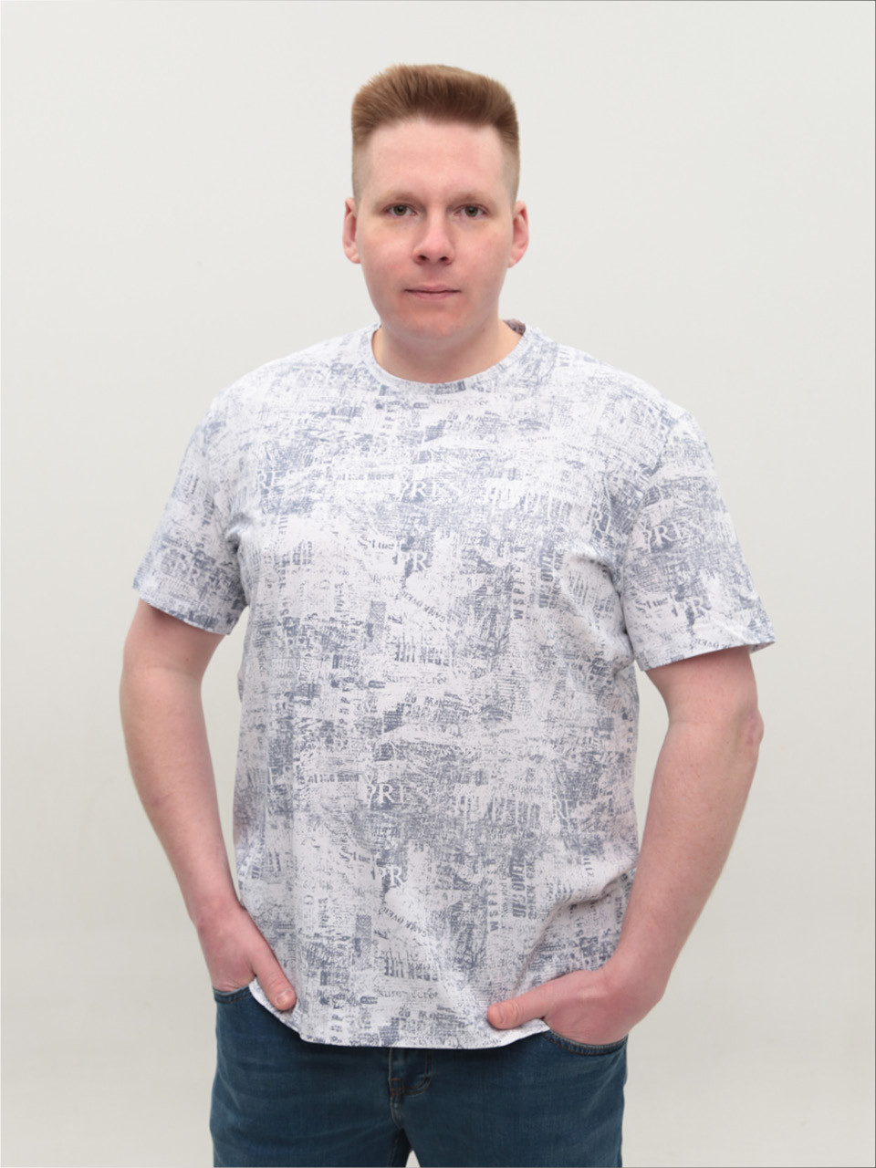 Футболка мужская белая с принтом прямая большие размеры 215-B-1