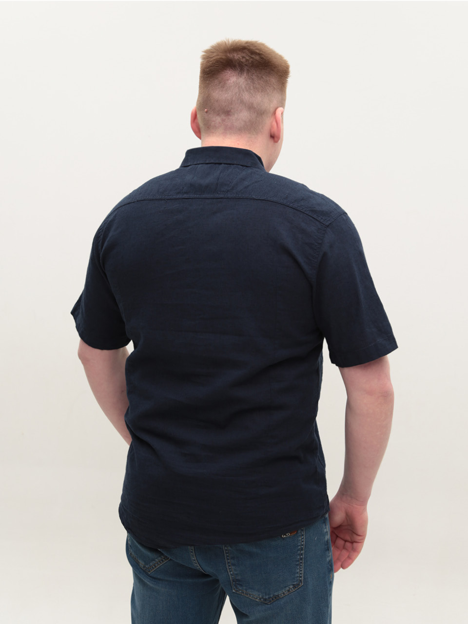 Рубашка мужская темно-синяя льняная летняя 6503-01