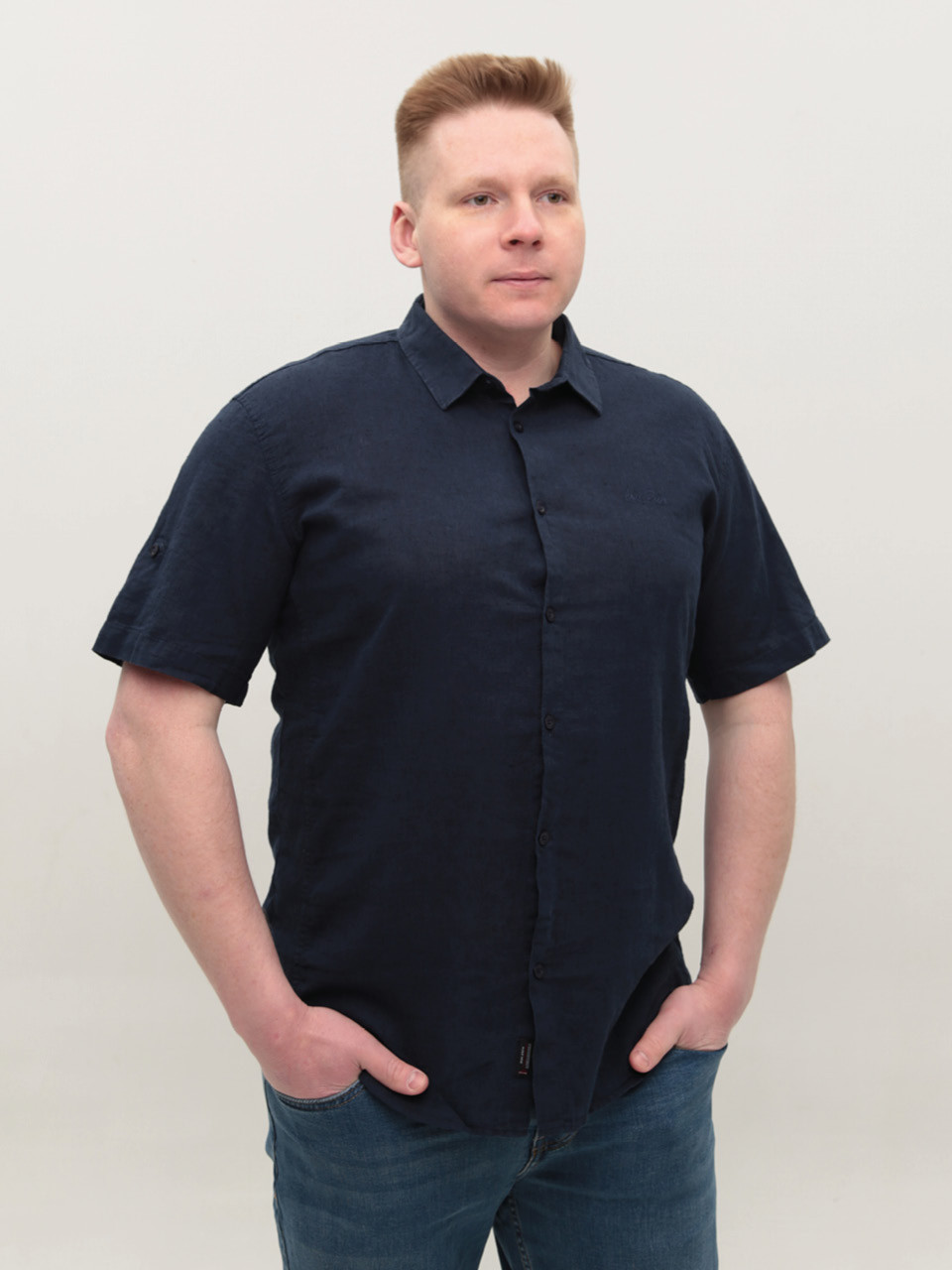 Рубашка мужская темно-синяя льняная летняя 6503-01