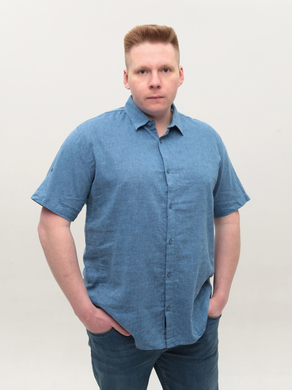 Рубашка мужская синяя льняная большие размеры 6503-B-07