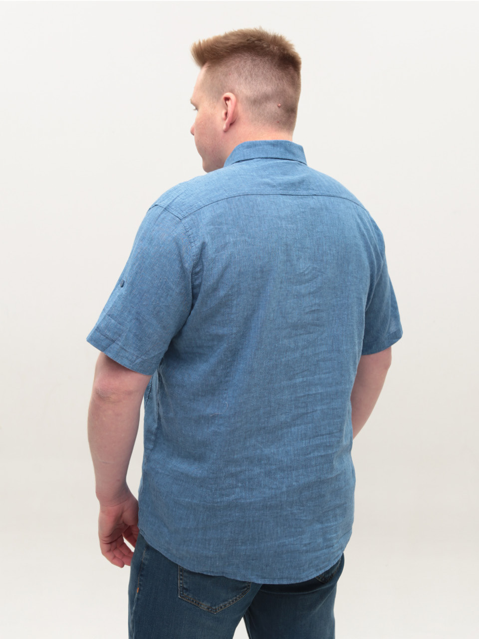 Рубашка мужская синяя льняная большие размеры 6503-B-07
