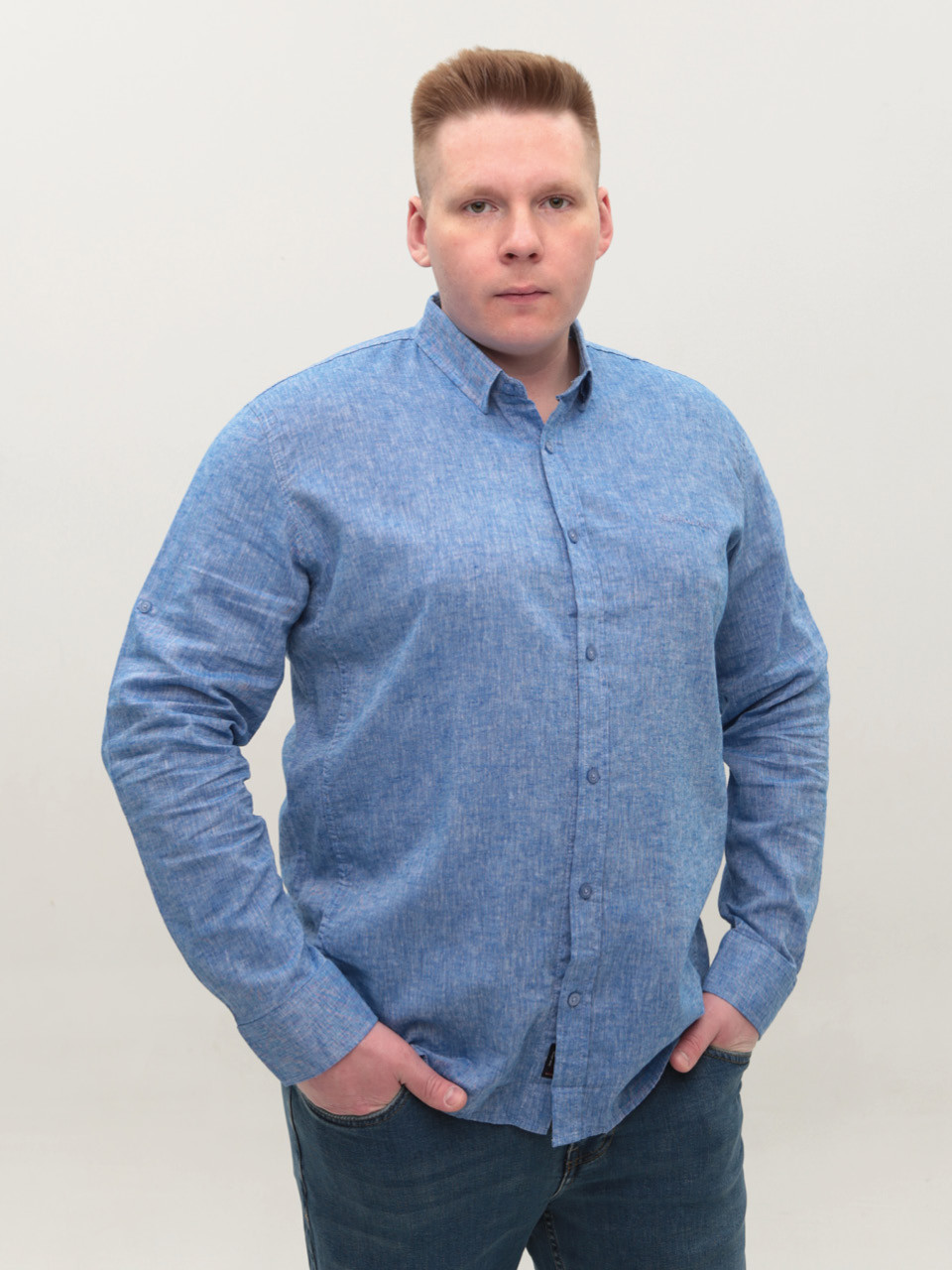 Рубашка мужская синяя льняная длинный рукав 6506-04
