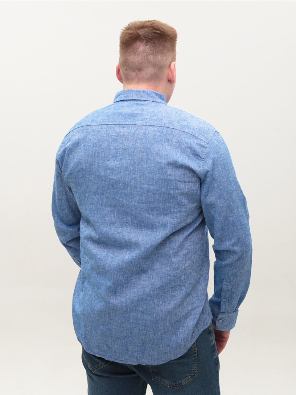 Рубашка мужская синяя льняная длинный рукав 6506-04