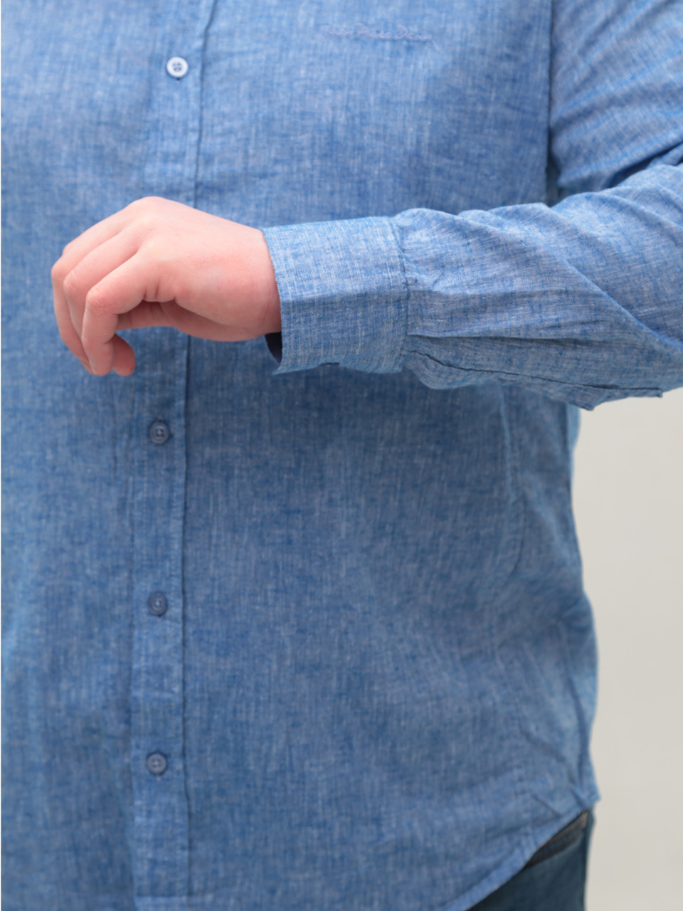 Рубашка мужская синяя льняная длинный рукав 6506-04