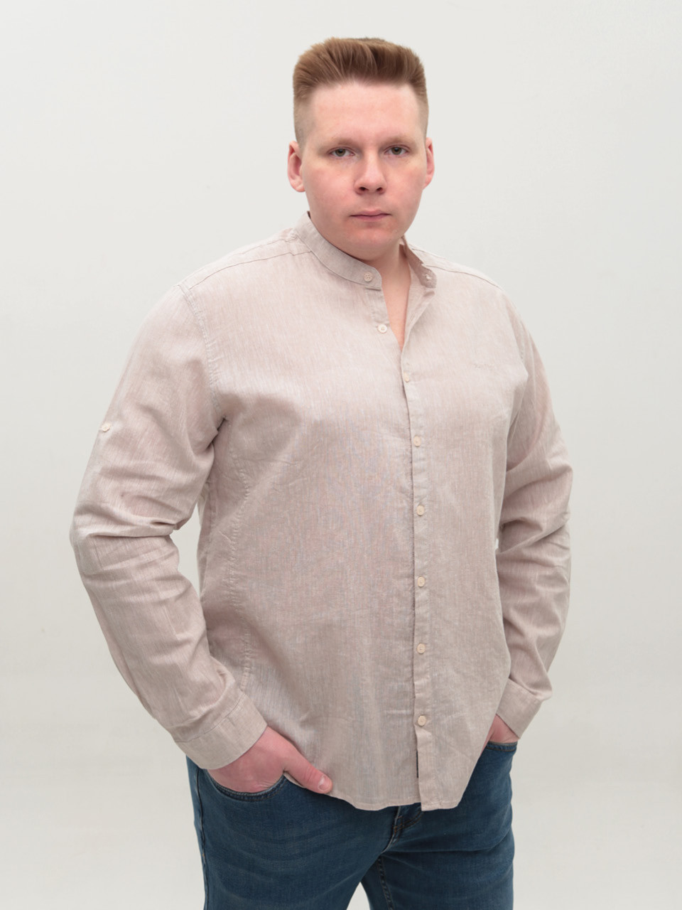 Рубашка мужская льняная бежевая длинный рукав большой размер 8420-B-2