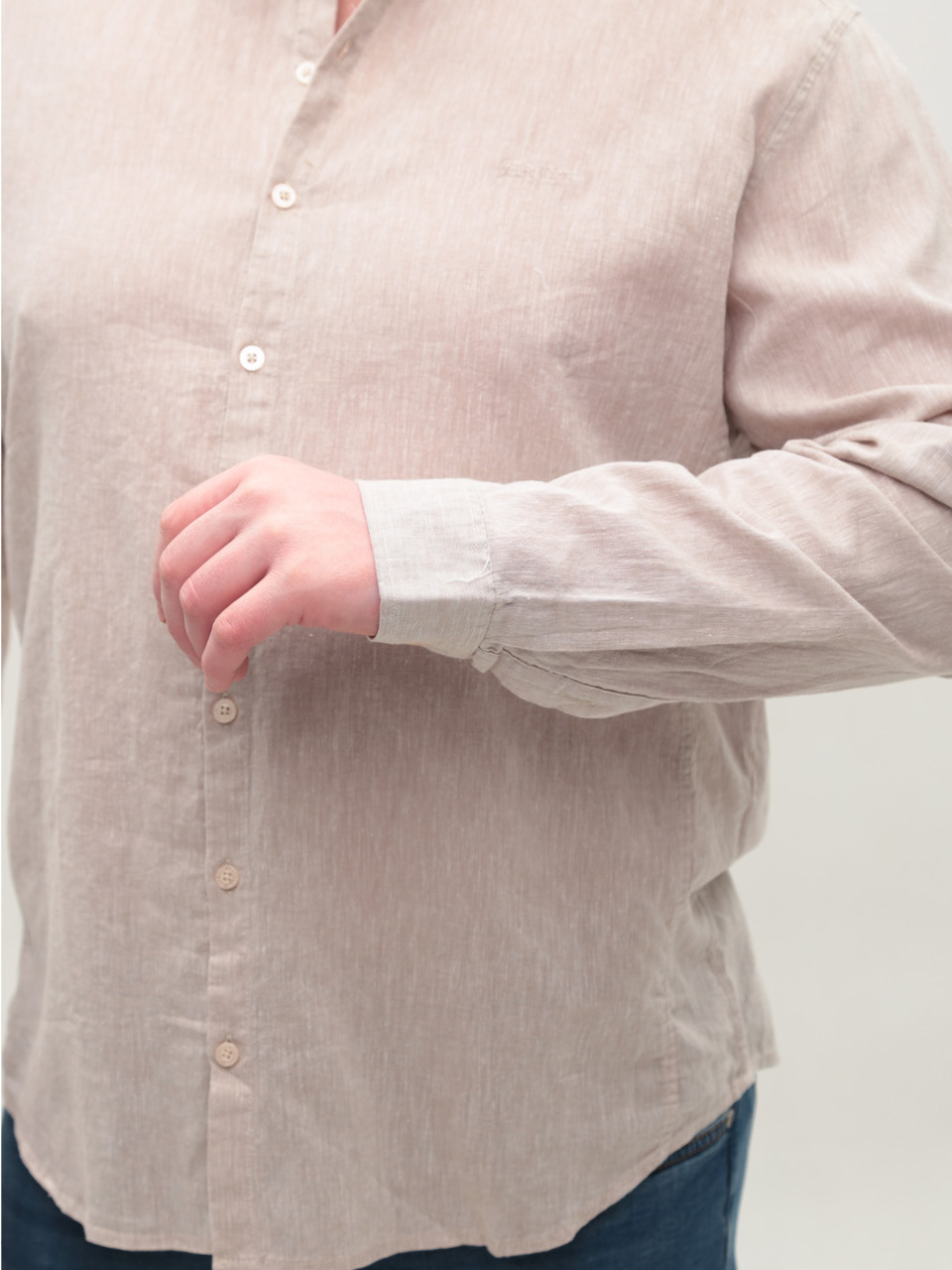 Рубашка мужская льняная бежевая длинный рукав большой размер 8420-B-2