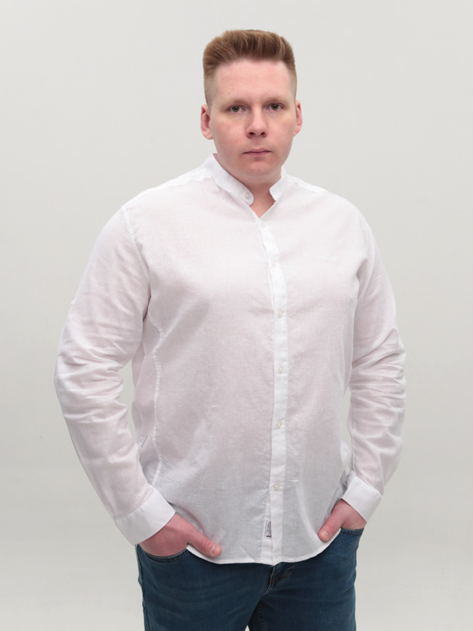 Рубашка мужская белая льняная длинный рукав большие размеры 8420-00