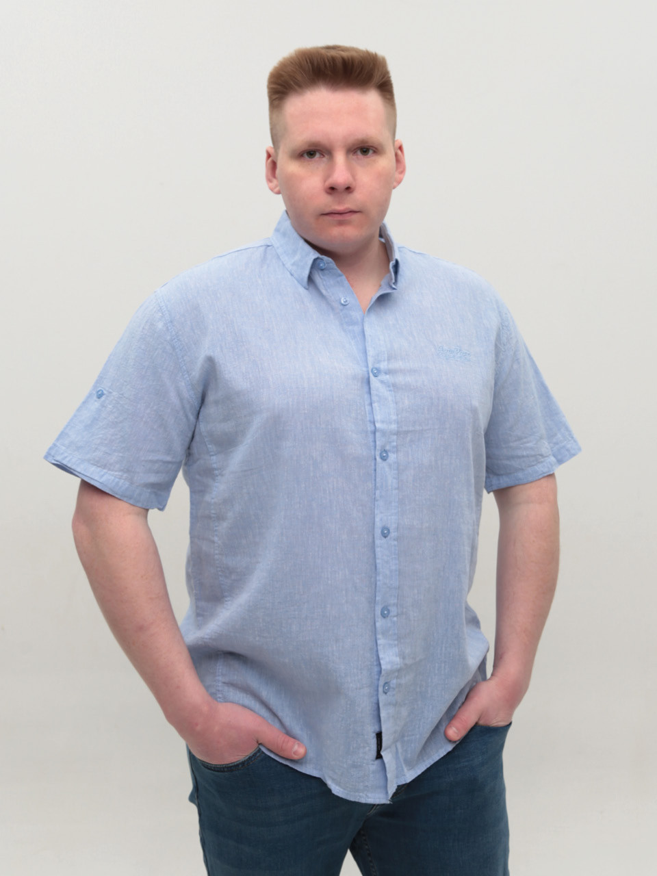 Рубашка мужская голубая льняная короткий рукав 304-06