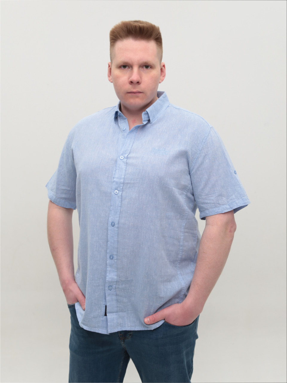 Рубашка мужская голубая льняная короткий рукав 304-06