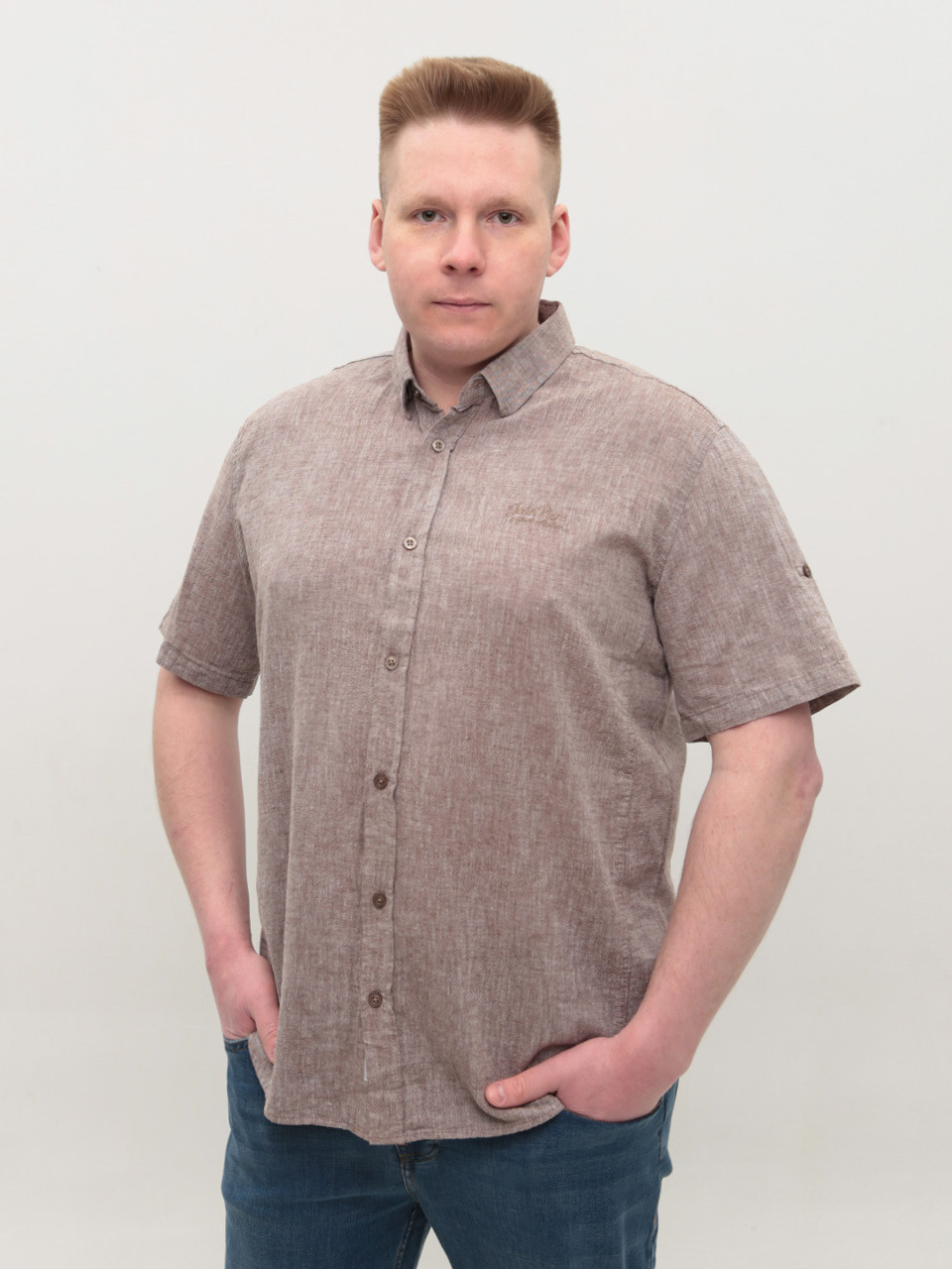 Рубашка мужская коричневая льняная короткий рукав 304-11