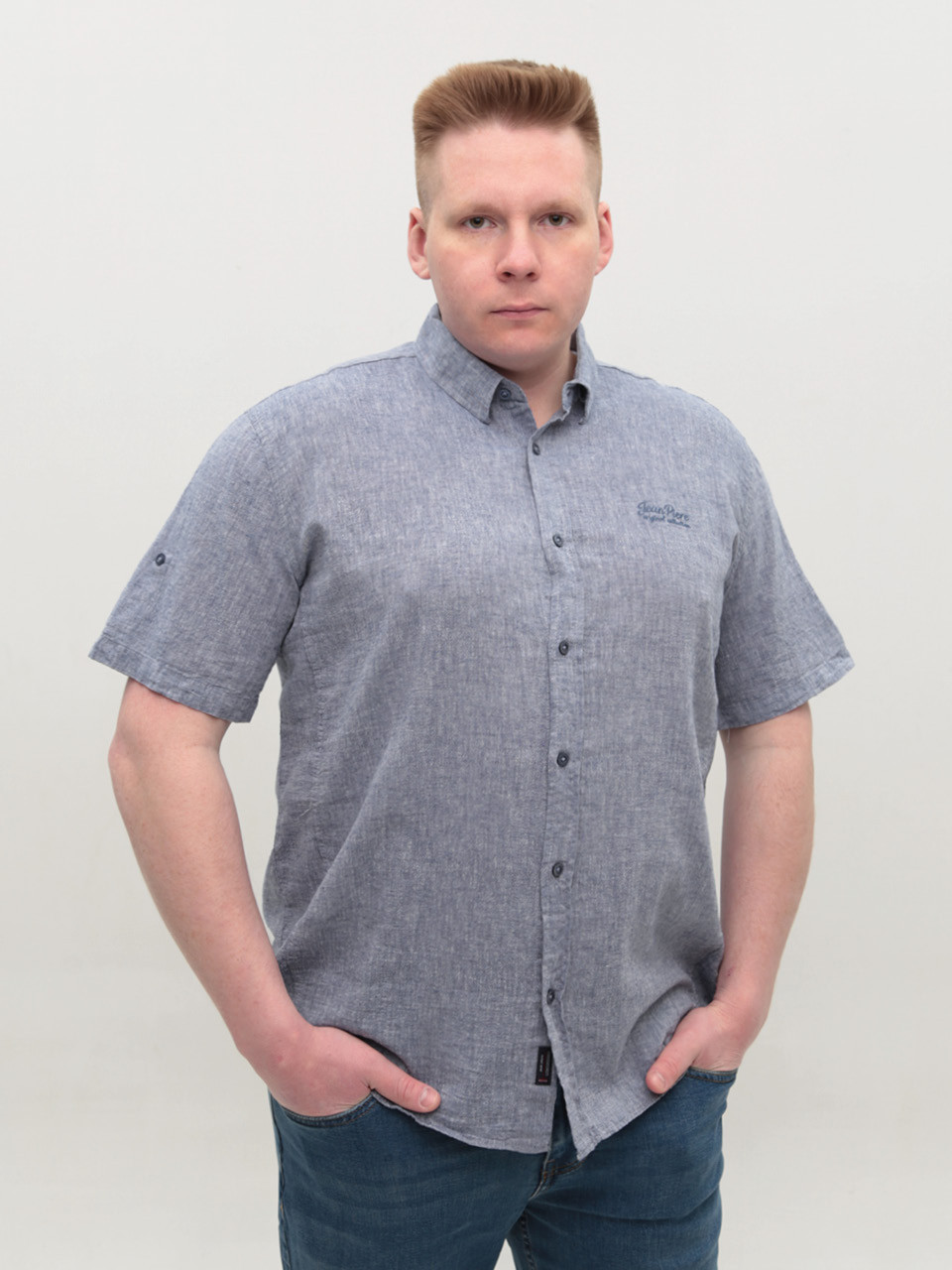 Рубашка мужская синяя льняная короткий рукав 304-14