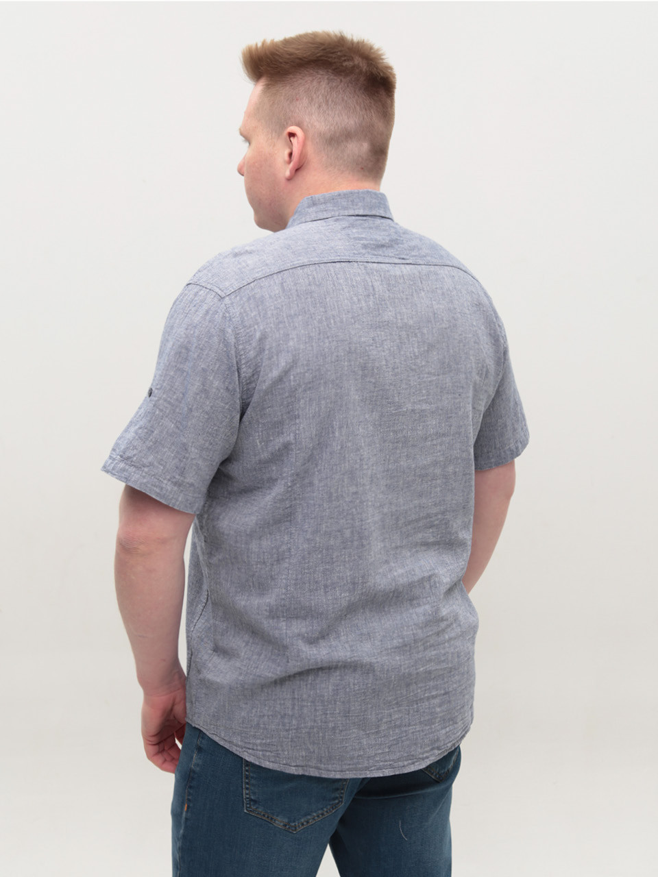 Рубашка мужская синяя льняная короткий рукав 304-14