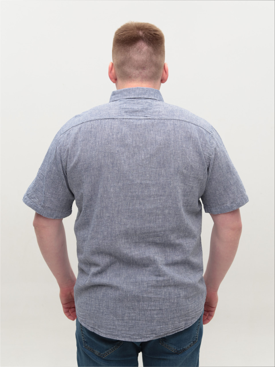 Рубашка мужская синяя льняная короткий рукав 304-14